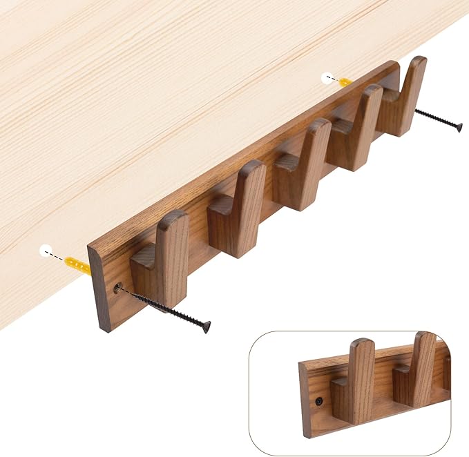 Wood Coat Rack Wall Mount with 5 Hooks, Natural Wall Coat Hook - Image 7
