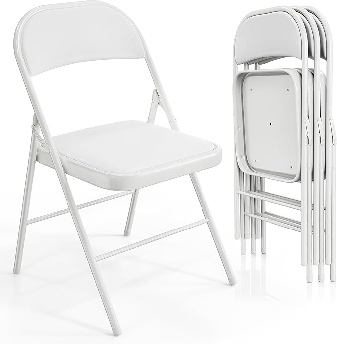 VINGLI 4 Pack Folding Chairs with Padded Seats, Metal Frame with Pu Leather Seat & Back, Capacity 350 lbs, White by VINGLI
