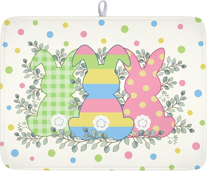 Easter Bunny Dish Drying Mat for Kitchen Counter Cute Rabbit Colorful Polka by Kawani