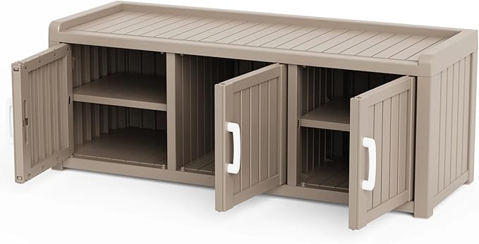 3 Doors Shoe Bench, Waterproof & UV-Resistant, Resin Shoe Cabinet Indoor & Outdoor Use, Entryway Bench with Adjustable Shelves & Hidden Storage Space for Bedroom, Hallway, Grey - Image 9
