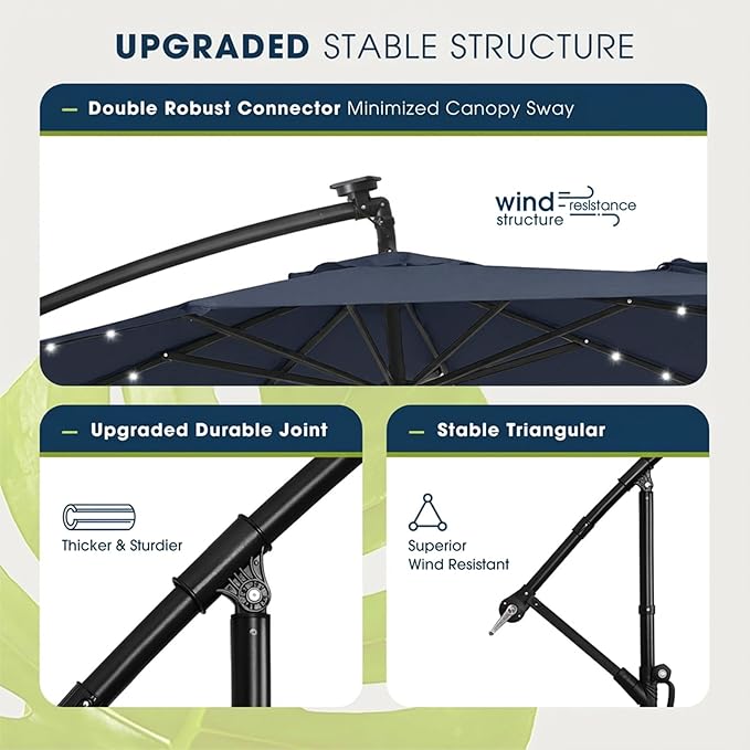 wikiwiki 10ft Solar LED Patio Umbrella with Base Included, Offset Umbrella with Weighted Sandbag Base, Cantilever Patio Umbrella for Backyard, Garden & Deck, 32 LED Lights & Polyester Shade, Navy Blue - Image 7