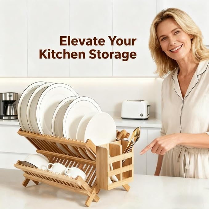 QUEENKAY Dish Drying Rack Collapsible 2-Tier Bamboo Dish Rack - Image 2