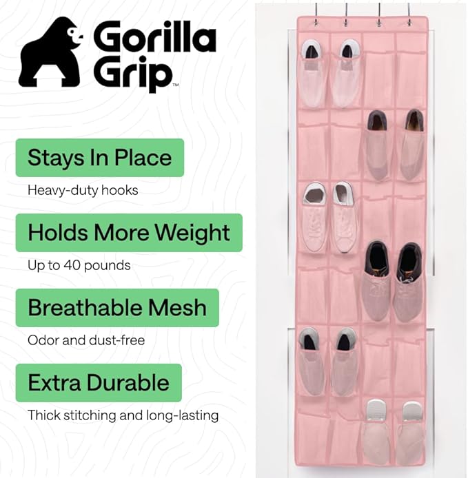 GORILLA GRIP Over the Door Shoe Organizer, 24 Large Breathable Mesh Pockets - Image 2