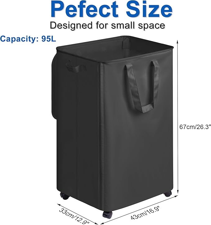 Slim Laundry Hamper with Lid and Wheels, Small Rolling Laundry Basket with - Image 2