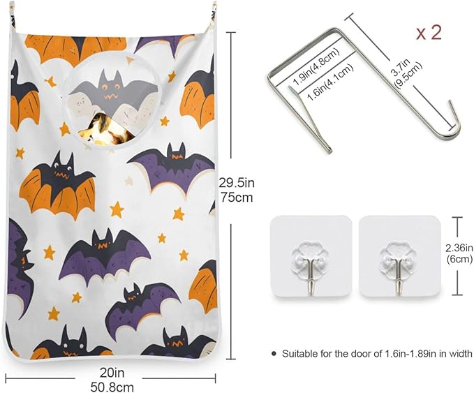 White Halloween Bats and Stars Hanging Laundry Hamper Door Hampers Bag Basket - Image 3
