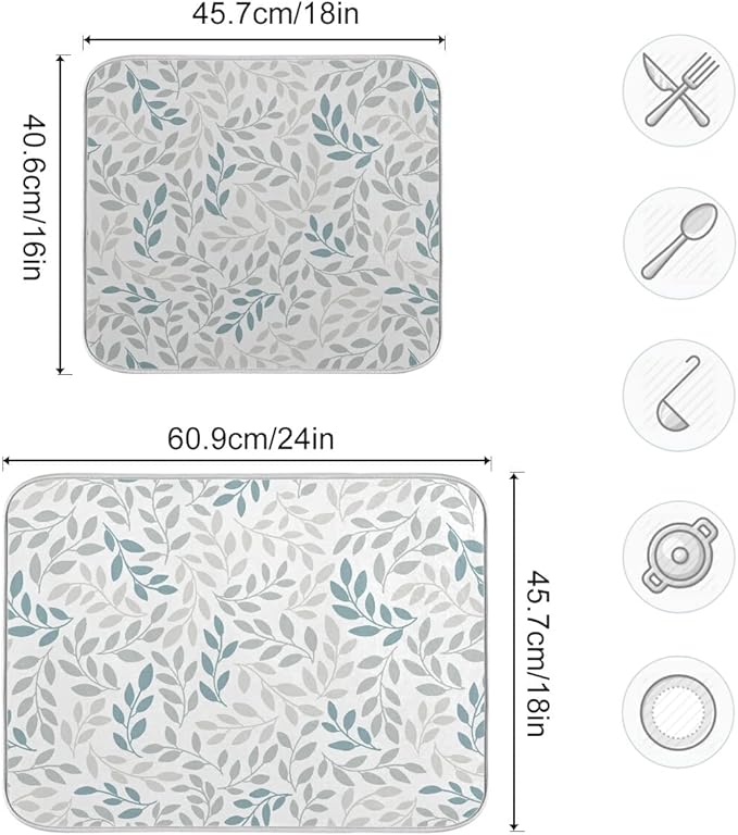 Grey and Blue Leaves branches Dish Drying Mat 16x18 - Image 3