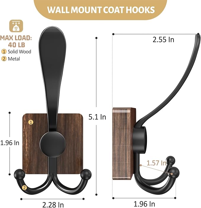 VIS'V Coat Hooks Wall Mount, Wooden Coat Hanger Hooks - Image 5