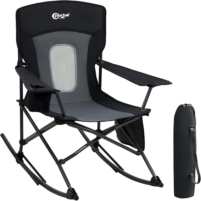 Portal Outdoor Rocking Chair Camping Folding Portable Rocker with Cup Holder Side Pocket Carry Bag, Support 350LBS (Mesh Black) by PORTAL
