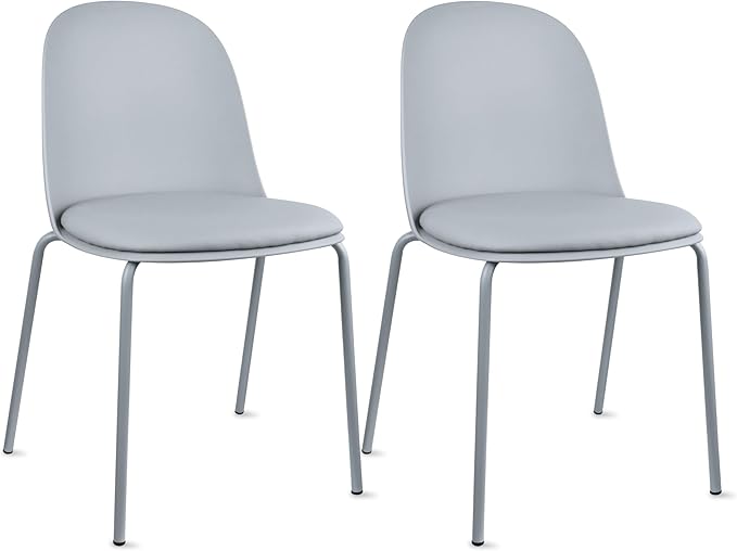 2xhome Set of 2 Modern Stackable Armless Dining Chairs, Plastic Shell Seat with Upholstered PU Leather CushionPadded Seat Metal Legs for Home Kitchen Patio Cafe, Gray by 2xhome