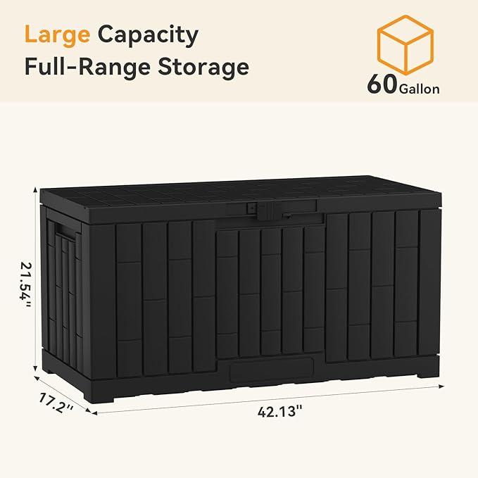 NEWBULIG 60 Gallon Deck Box, Waterproof Outdoor Storage Box with Lockable Lid, Patio Furniture Bench & Side Table, Outside Storage Container, Tool-Free Assembly, for Garden, Pool, Black - Image 2