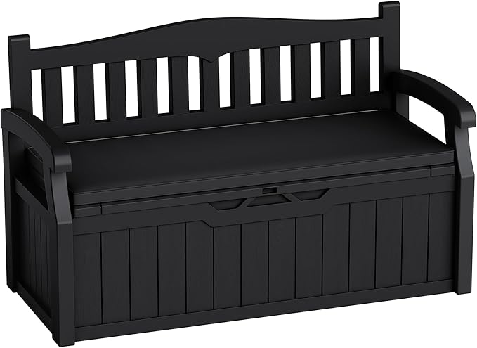 80-Gallon Outdoor Storage Bench with Cushion, Lockable Waterproof Deck Box with Armrests for Patio, Garden, Pool, Black by Acurax