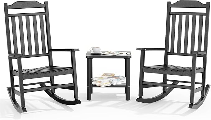3 Piece Outdoor Rocking Bistro Set, Rocking Chairs Outdoor Furniture, Resin Waterproof Sun-Proof Patio Furniture Set for Garden, Pool, Backyard（3, Black） by GYMHILL