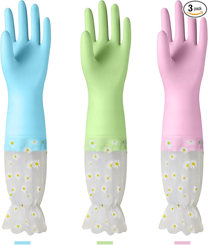 KAQ Dishwashing Cleaning Gloves 3 Pairs-Reusable Cotton Liner Rubber Gloves by KAQ