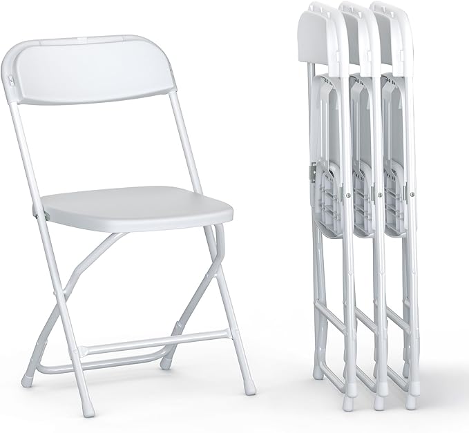 4 PACK White Foldable Plastic Chair | Folding & Stackable | 350 lbs Capacity Steel Frame Seats for Indoor Outdoor | Commercial Use Events Wedding Party Events Bulk Picnic Kitchen Dining by OurModernSpace
