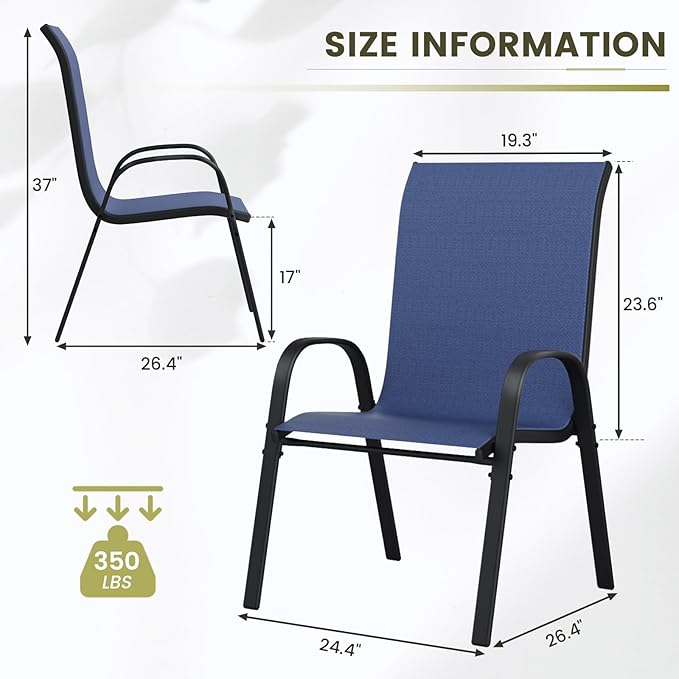 UDPATIO Patio Chairs Set of 4, Stackable Outdoor Dining Chairs with High Back, Breathable Textilene Fabric Outdoor Chair All Weather, 350LBS Capacity for Garden/Backyard (Blue) - Image 3