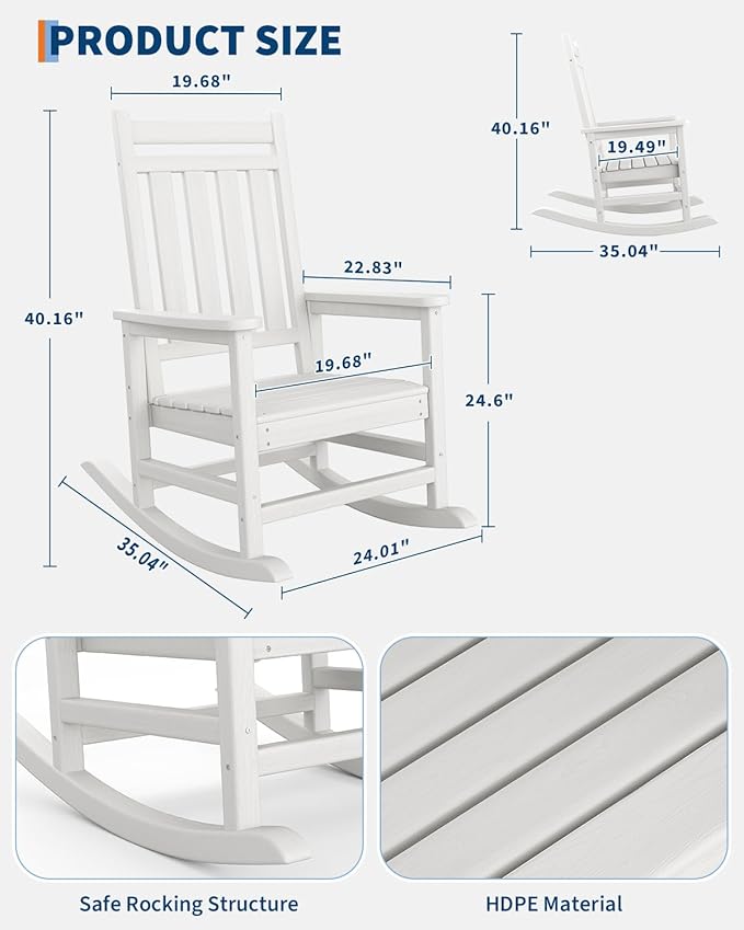 GarveeLife Poly Lumber Rocking Chair Outdoor Set of 2 with Side Table - HDPE High Back Porch Rocker Chairs for Adults - All Weather Resistant Furniture for Patio - White - Image 2