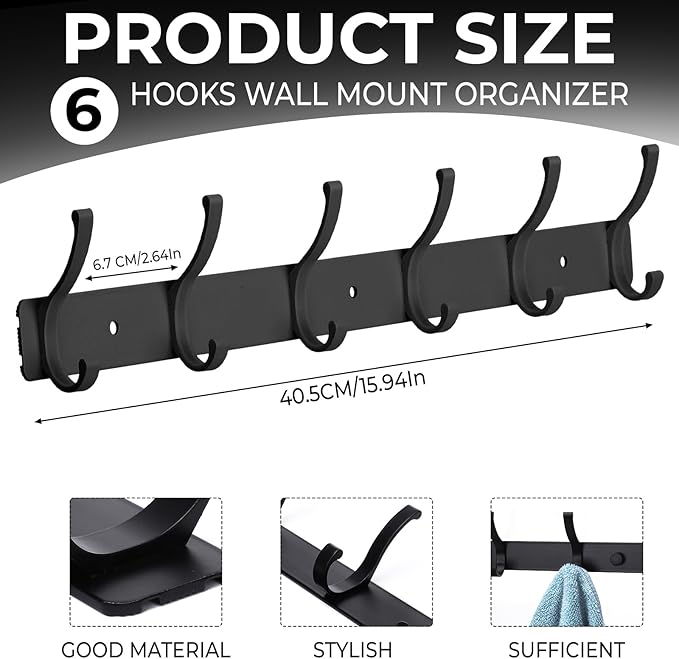 Coat Rack Wall Mount, 2 Pack Coat Hooks Hanger Wall Double Hook Rack Rail Towel - Image 2