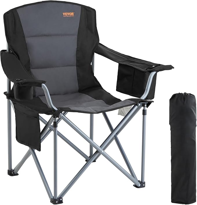 VEVOR Oversized Camping Folding Chair, Portable Heavy Duty Outdoor Quad Lumbar Back Padded with Side Pockets, Cup Holder and Cooler Bag for Beach, Lawn, Picnic, Fishing, Backpacking, Black by VEVOR