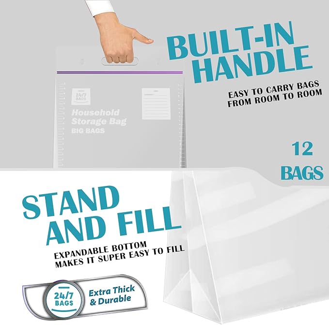 12 Large Plastic Storage Bags, 3 Gallons, Zero BPA, Double Zipper Seal - Image 7