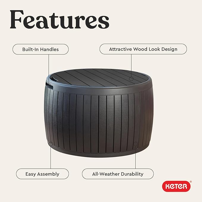 Keter Circa 37 Gallon Deck Box Organizer, Works as Ottoman Chair or Side Table, Brown – Large Resin Round Outdoor Storage and Seating for Garden, Pool, and Patio - Image 4