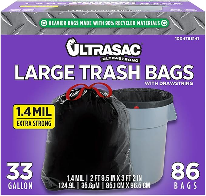 Ultrasac Black Large Heavy Duty Drawstring Trash Bags 33 Gallon 1.4 MIL by Ultrasac