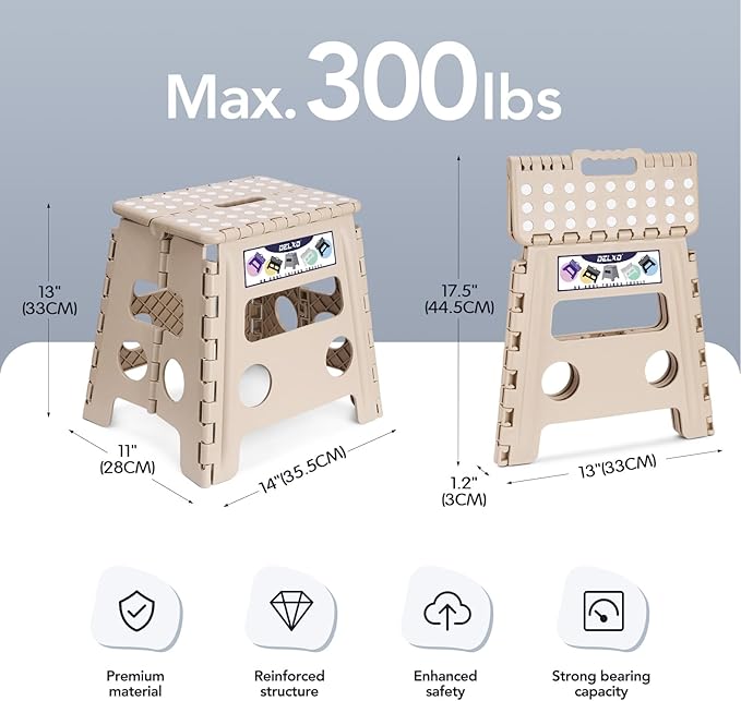 Delxo Office Step Stool, 13 inch Non-Slip Foldable Stools for Adults Up to 300 LBS, Step Stool with Handle, Lightweight for Kitchen, Bathroom, Bedroom, Office, Khaki, 1PC - Image 2