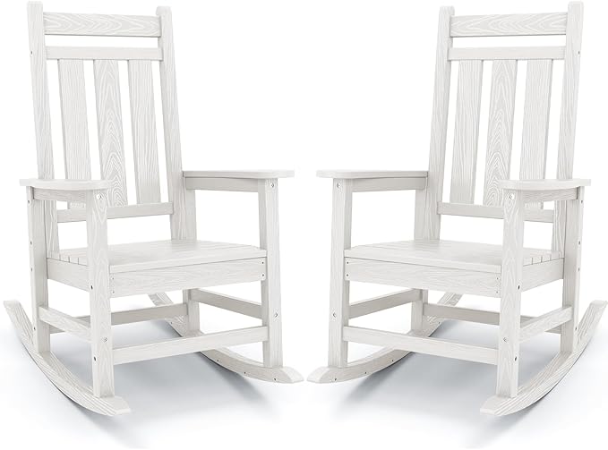 KINGYES Oversized Outdoor Rocking Chair Set of 2, All-Weather Patio Rocking Chairs for Porch, HDPE Outdoor Patio Rockers with High Back & Wide Seat for Garden, Lawn, White by KINGYES