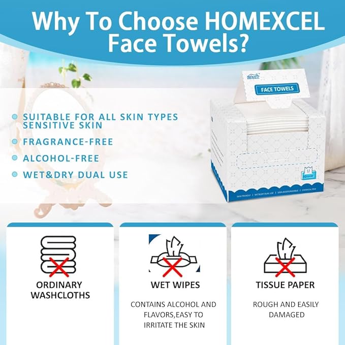HOMEXCEL Face Towels, Biodegradable Makeup Remover Dry Wipes, Super Soft Clean - Image 7