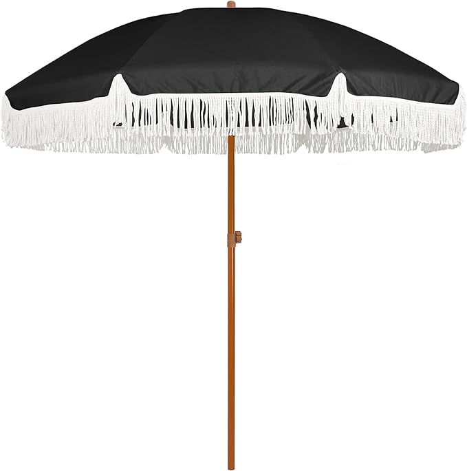 AMMSUN 7ft Patio Umbrella with Fringe Outdoor Tassel Umbrella UPF50+ Premium Steel Pole and Steel Ribs Push Button Tilt, Black by AMMSUN