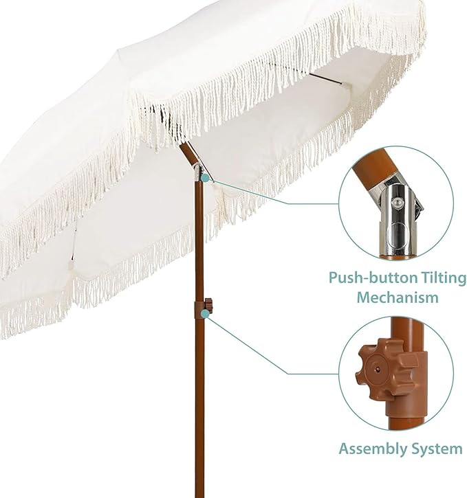 AMMSUN 7ft Patio Umbrella with Fringe Outdoor Tassel Umbrella UPF50+ Premium Steel Pole and Ribs Push Button Tilt, Cream White - Image 2
