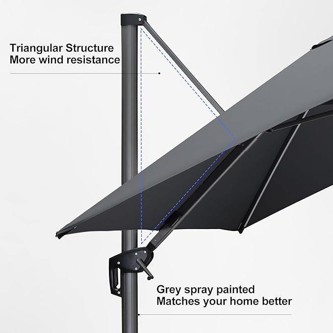 PURPLE LEAF 10 Feet Patio Umbrella with Base Outdoor Cantilever Solar Powered LED Square Umbrella Aluminum Offset Umbrella with 360-degree Rotation for Garden Deck Pool Patio Light Grey - Image 9