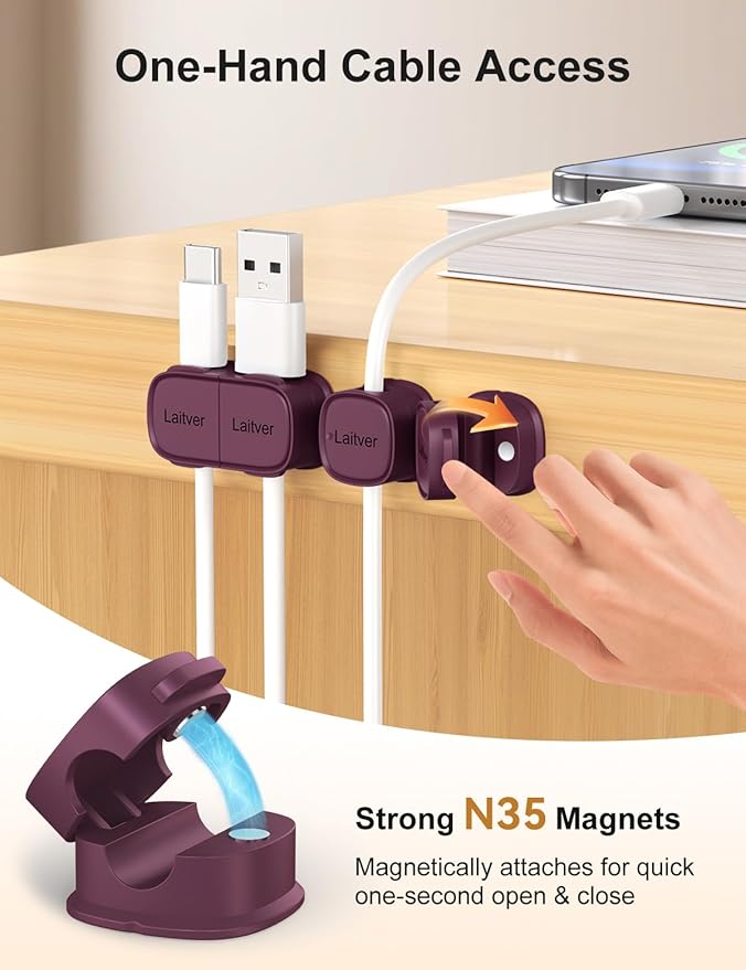 6 Pack Magnetic Cable Clips, Laitver Cord Organizer Holder Strong Adhesive Desk - Image 4