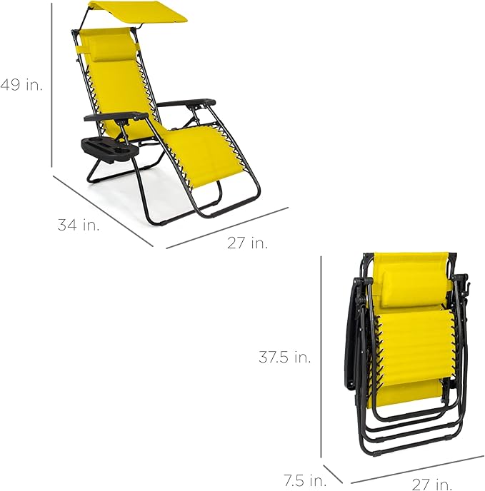 Best Choice Products Folding Zero Gravity Outdoor Recliner Patio Lounge Chair w/Adjustable Canopy Shade, Headrest, Side Accessory Tray, Textilene Mesh - Sunflower Yellow - Image 2