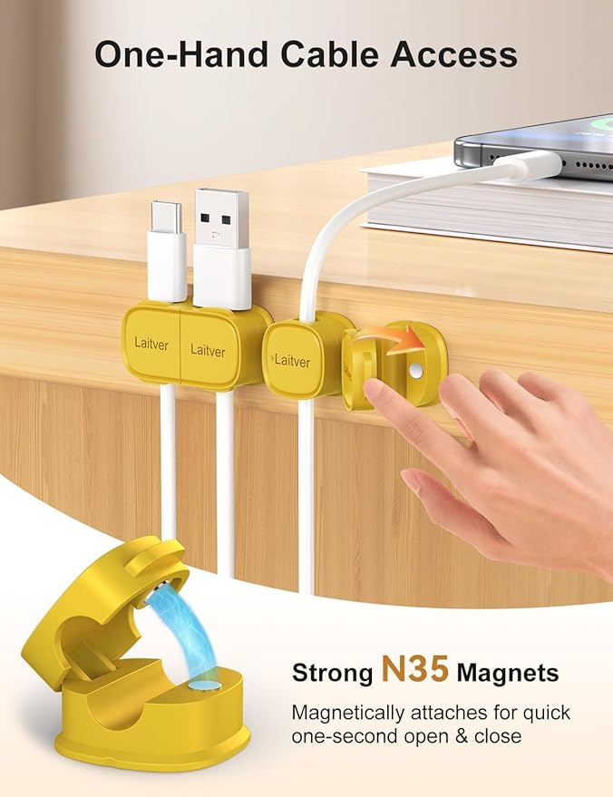 6 Pack Magnetic Cable Clips, Laitver Cord Organizer Holder Strong Adhesive Desk - Image 4