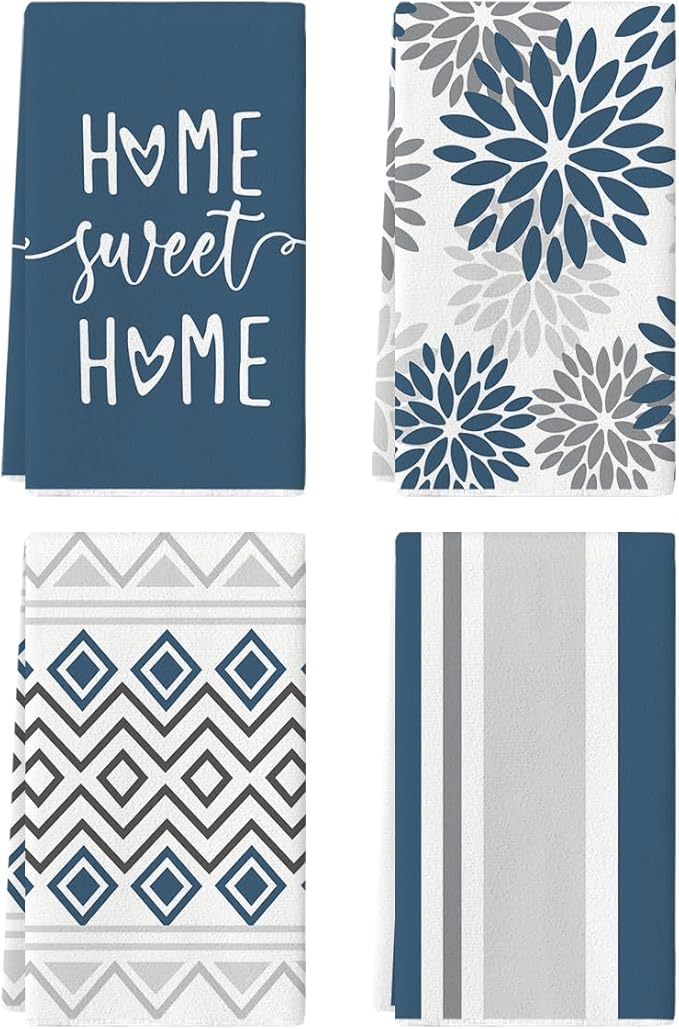 Artoid Mode Blue Grey Stripes Home Sweet Home Boho Winter Kitchen Towels Dish by ArtoidMode