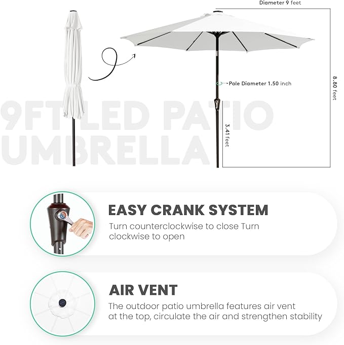 JEAREY 9FT Outdoor Patio Umbrella with Solar Lights, LED Lighted Pool Umbrella with Tilt and Crank, Outdoor Table Umbrellas for Deck, Yard & Market (Cream White) - Image 8