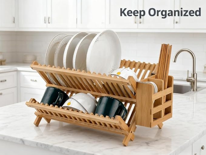 QUEENKAY Dish Drying Rack Collapsible 2-Tier Bamboo Dish Rack - Image 3