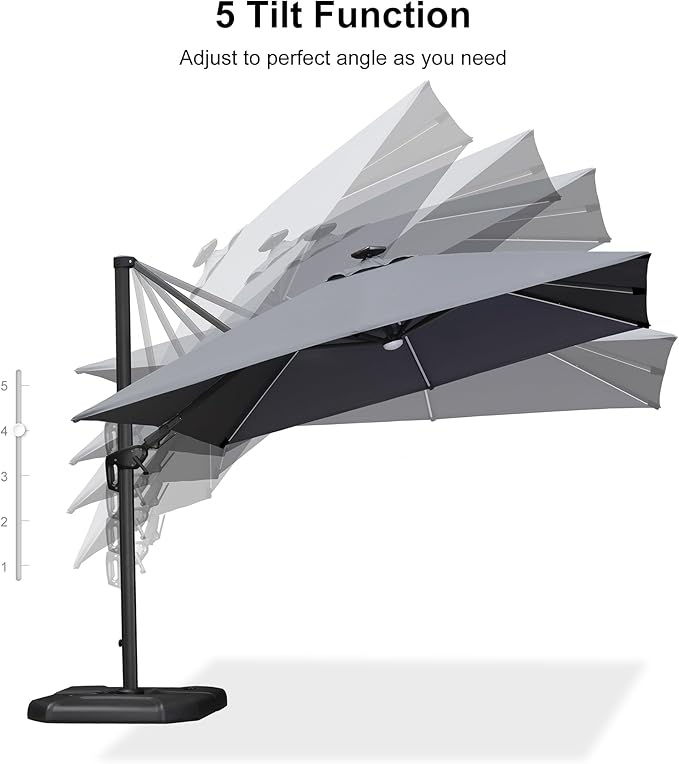 PURPLE LEAF 10 Feet Patio Umbrella with Base Outdoor Cantilever Solar Powered LED Swivel Square Umbrella Aluminum Offset Umbrella with 360-degree Rotation for Garden Deck Pool Patio Light Grey - Image 9