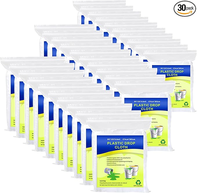 30 Pieces Plastic Drop Sheets for Painting, Waterproof and Dust-Proof Clear by Cedolio