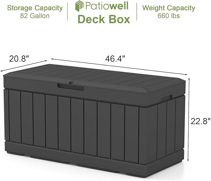 Patiowell 82 Gallon Resin Deck Box, Waterproof Large Wood Look Storage Box for Patio Furniture, Pool Accessories, Garden Tools and Sports Equipment, Lockable, Black - Image 6