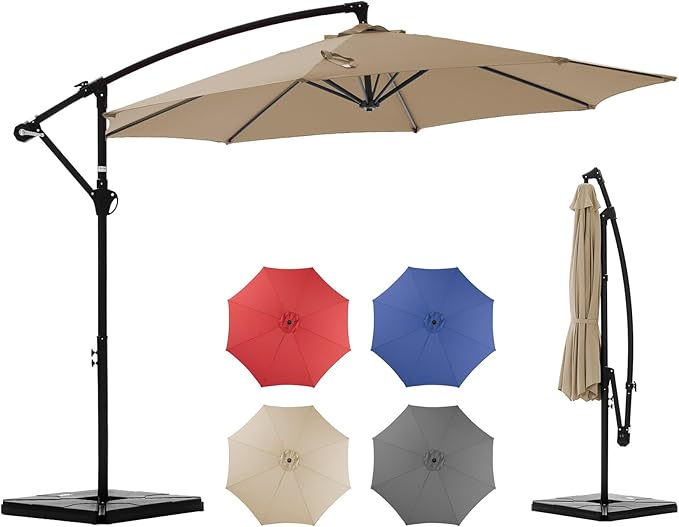 OLIXIS 9.7FT Offset Patio Umbrella with Base, Cantilever Table Umbrellas for Outdoor Sun Shade UV Protection with Easy Tilt Adjustment, 8 Ribs for Backyard, Lawn, Garden, Pool - Khaki by OLIXIS