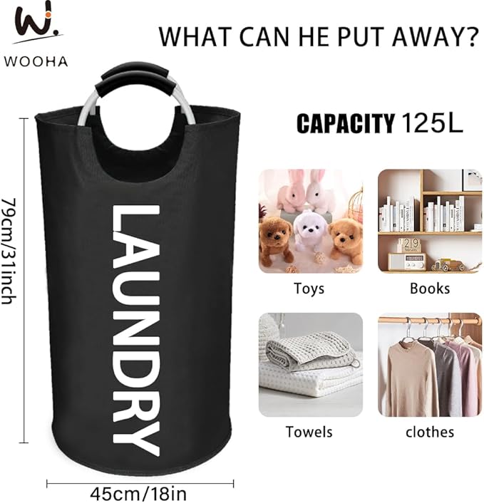 WOOHA 125L Large laundry basket, Collapsible laundry hamper, Tall Clothes - Image 3