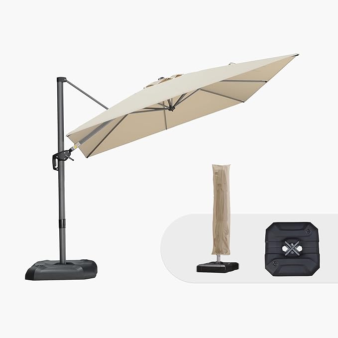 PURPLE LEAF 9'×9' Patio Umbrella with Base Outdoor Cantilever Umbrella with Cover Aluminum Square Offset Umbrella with 360-degree Rotation for Deck Pool Garden Beige by PURPLELEAF
