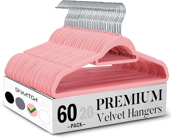 Smartor Pink Velvet Hangers 60 Pack, Space Saving Clothes Hangers by Smartor