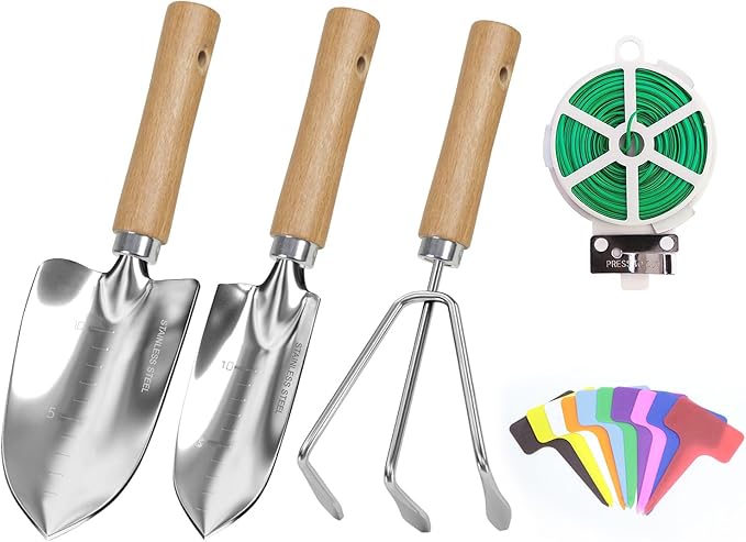 Garden Tool Set, 3 Pieces Gardening Kit with Garden Plant Twist Tie and Plastic Plant Tag, Stainless Steel Heavy Duty Garden Tools with Wooden Handle, Gardening Gifts for Women - Image 8