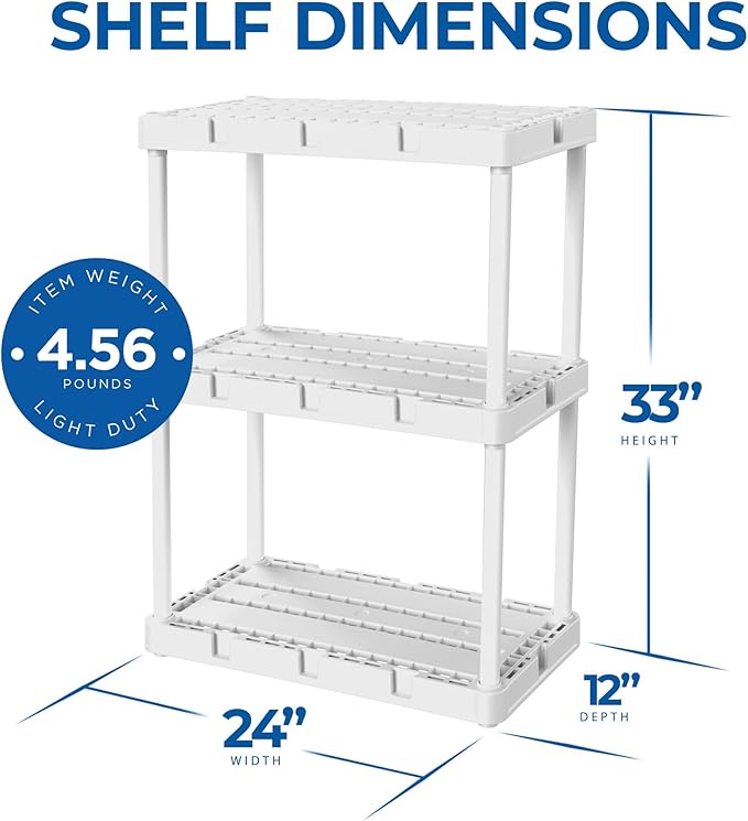 Gracious Living 2 Pack Light Duty Storage Shelves, Knect-A-Shelf 3-Shelf Ventilated Shelving Rack Organizer for Home, Garage, Basement, Laundry, White - Image 3