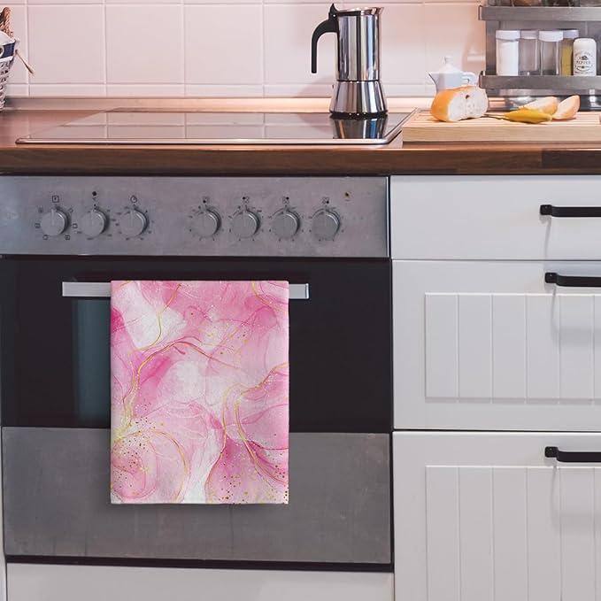 Pink Marble Kitchen Dish Towels and Dishcloths Sets of 2 Abstract Modern Dish - Image 5