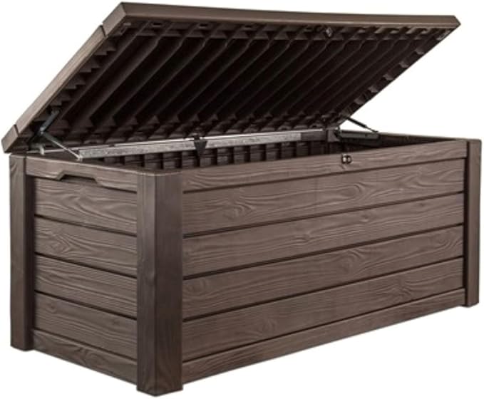 Keter Westwood 150 Gallon Deck Box Organizer, Doubles as 2-Person Bench Seat, Brown – Large Resin Outdoor Storage and Seating with Lockable Lid for Garden, Pool, and Patio by Keter