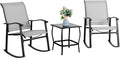 Vongrasig 3 Piece Outdoor Rocking Bistro Set, Textilene Fabric Small Patio Furniture Set, Front Porch Rocker Chairs Conversation Set with Glass Table for Lawn, Garden, Balcony, Poolside (Light Gray) by Vongrasig