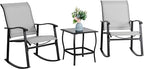 Vongrasig 3 Piece Outdoor Rocking Bistro Set, Textilene Fabric Small Patio Furniture Set, Front Porch Rocker Chairs Conversation Set with Glass Table for Lawn, Garden, Balcony, Poolside (Light Gray) by Vongrasig
